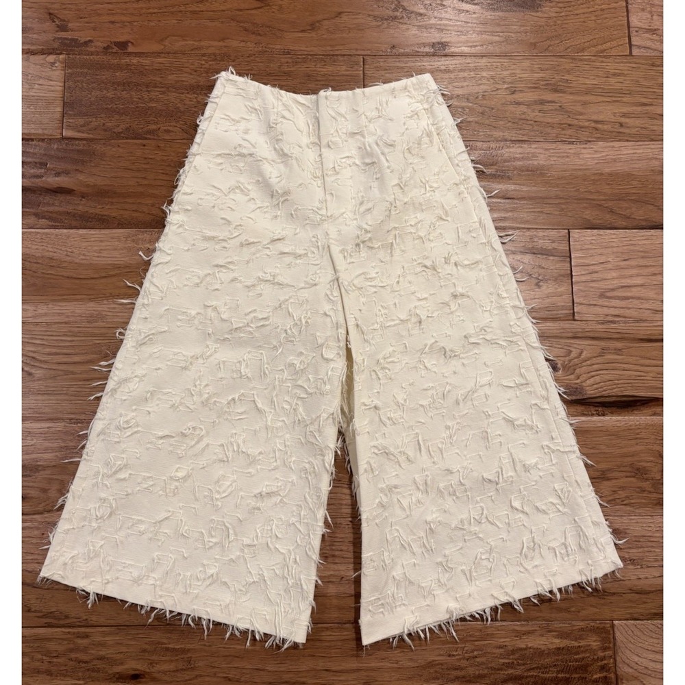 Co Collection Wide Leg Cropped Pants Sparkle‎ Texture Fringe High Rise Ivory XS